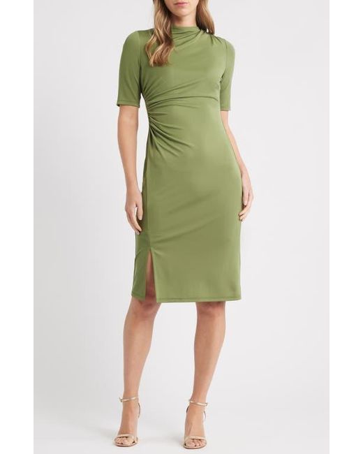 slim fit dress slacks Ruched Sleeveless Crew Neck Sheath Dress in IVY main image 0