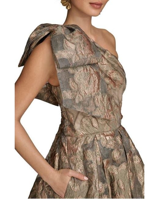 Donna Karan Brown One-Shoulder Metallic Jacquard Gown
