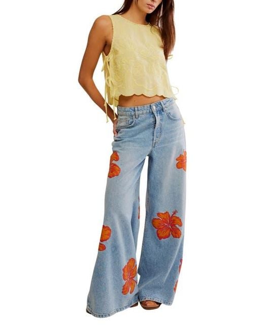 Free People Blue Faded Gardens Embroidered Cotton Tank