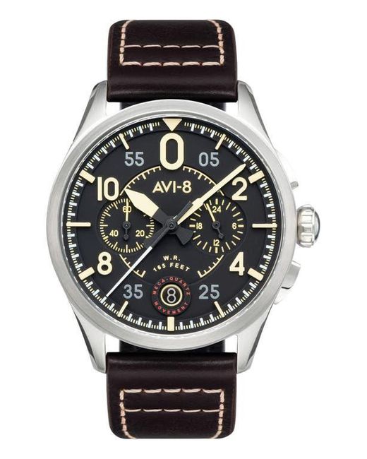 AVI-8 Black Spitfire Lock Midnight Oak Dial Chronograph Leather Strap Watch, 42Mm for men