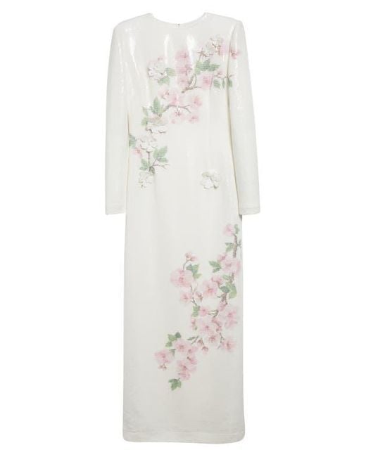 Oscar de la Renta White Cherry Blossom Long Sleeve Sequin Jersey Column Gown