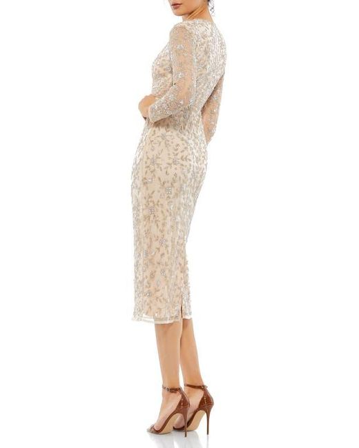 Mac Duggal Natural Beaded Tea Length Sheer Sleeved Dress