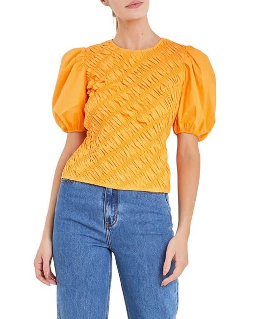 English Factory Blue Asymmetric Shirred Puff Sleeve Top