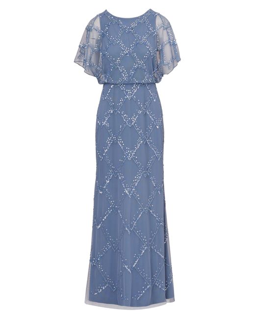 Adrianna Papell Blue Beaded Flutter Sleeve Sheath Gown
