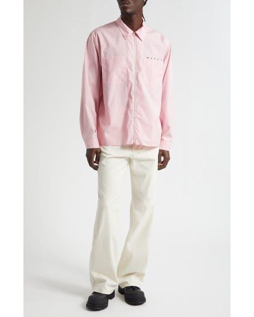 Marni Pink Hidden Logo Organic Cotton Poplin Zip Shirt for men