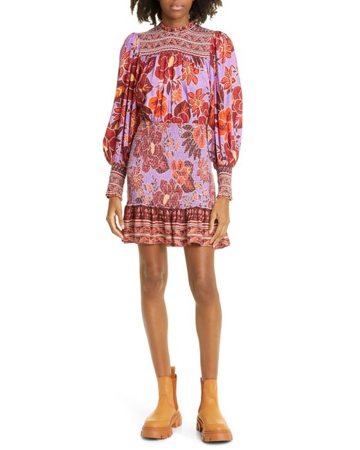 FARM Rio Sweet Floral Long Sleeve Minidress in Red | Lyst