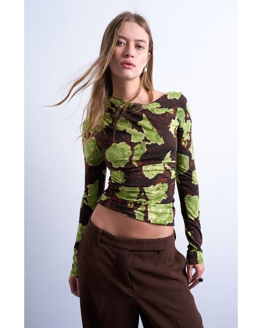 TOPSHOP Green Abstract Floral Asymmetric Neck Top