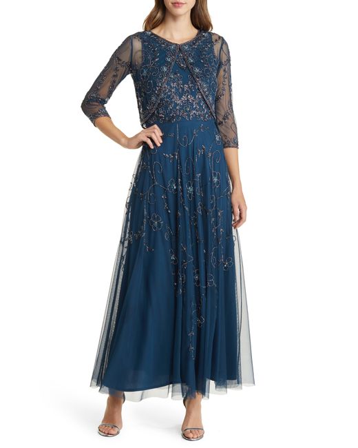 Pisarro Nights Blue Beaded Mesh Gown With Jacket
