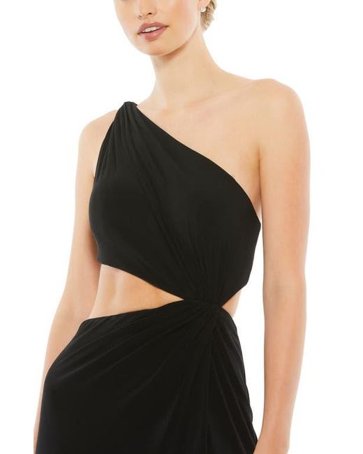 One Shoulder Jersey Gown With Slit Dark Green
