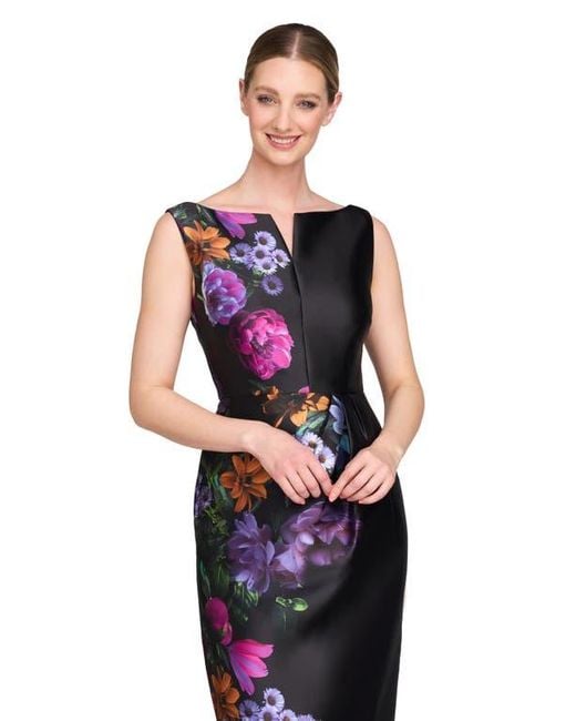 Kay Unger Blue Helene Placed Floral Print Column Gown