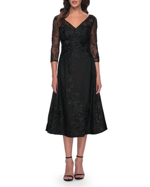 La Femme Black Stylish Tea Length Mother Of The Bride Dress With Sleeves