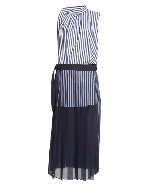 Sacai Blue Stripe Cotton Blend Poplin & Chiffon Dress