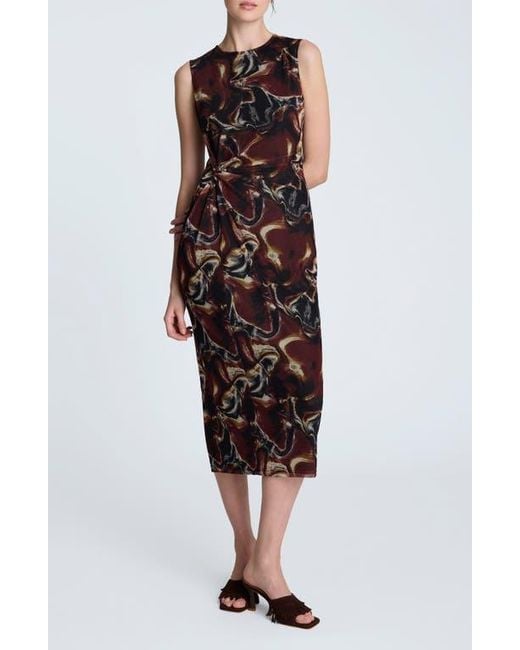 Kenneth Cole Black Abstract Print Side Ruched Midi Dress