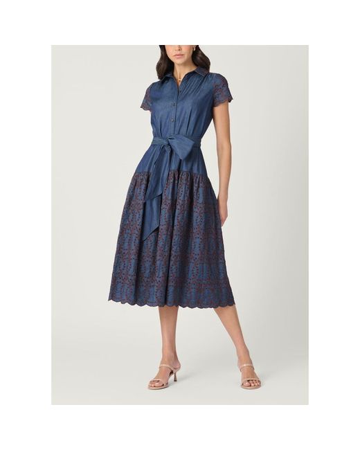 Shoshanna Sofia Embroidered Denim Chambray Dress in Blue