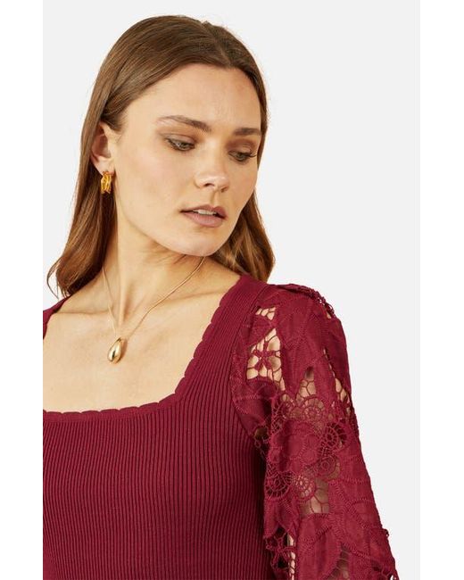 Yumi' Red Ribbed Knitted Lace Sleeve Top