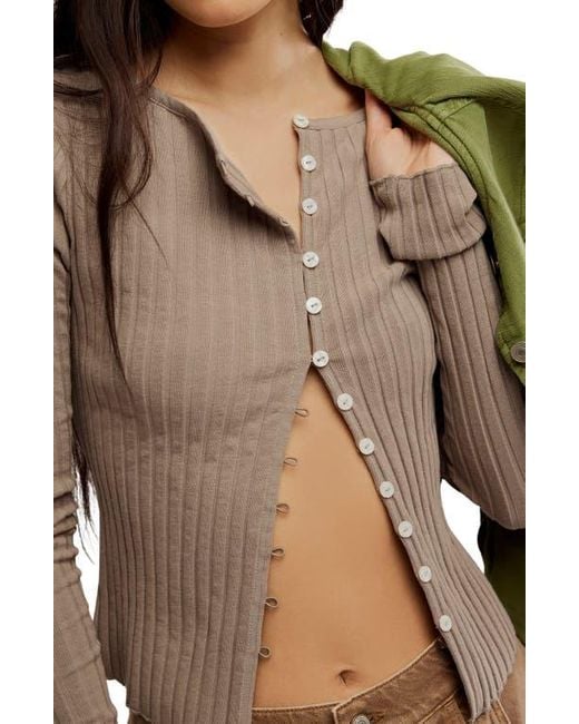 Free People Brown Tilly Rib Long Sleeve Button-Up Top