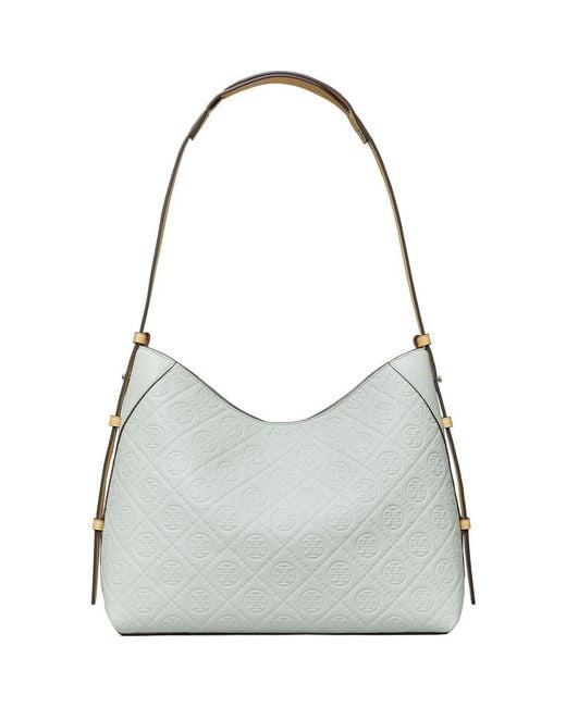 Tory Burch Gray T Monogram Pebble Leather Messenger Bag