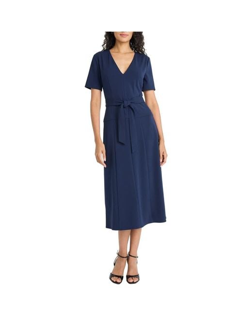 Maggy London Blue Short Sleeve Tie Waist A-Line Midi Dress