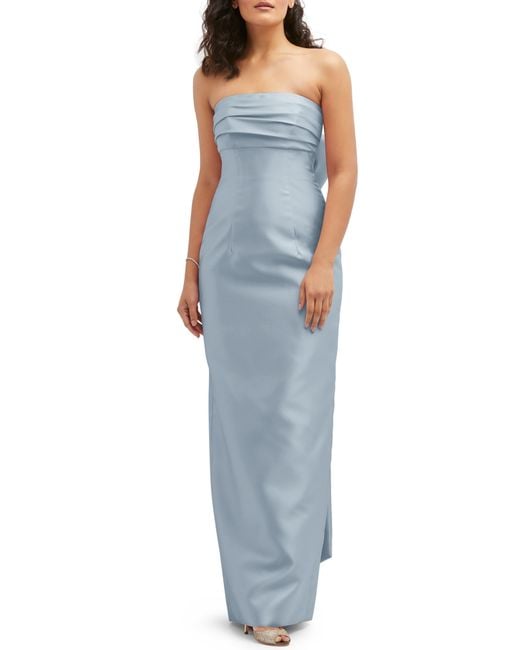 Alfred Sung Blue Strapless Bow Back Satin Column Gown
