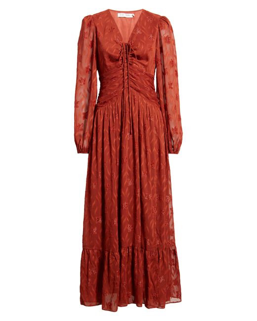 FLORET STUDIOS Floral Ruched Long Sleeve Plissé Midi Dress in Red Lyst