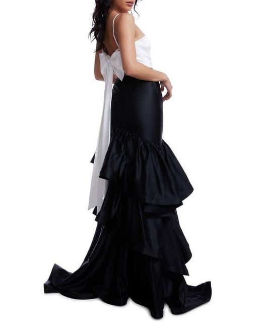 Dress the Population Black Clarice Tiered Ruffle Satin Gown