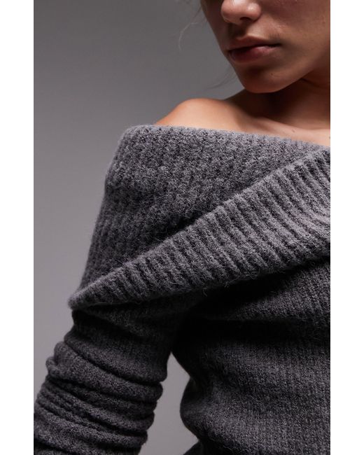 TOPSHOP Gray Chunky Off The Shoulder Sweater