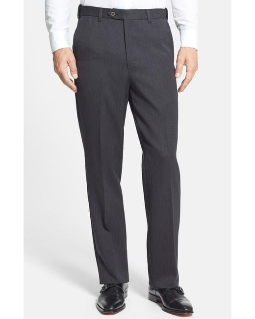 Berle Blue Self Sizer Waist Flat Front Classic Fit Wool Gabardine Trousers for men