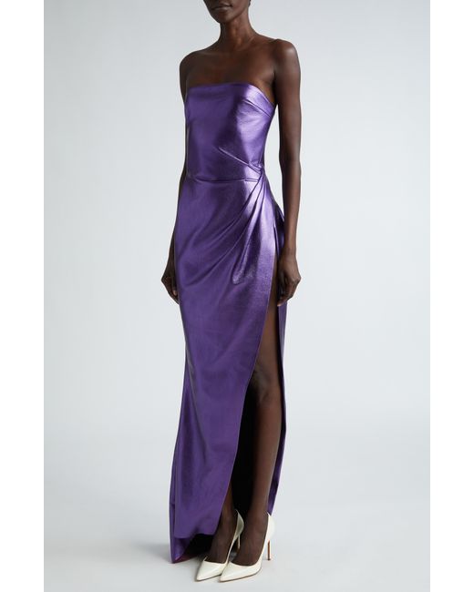 LAQUAN SMITH Purple Strapless Metallic Leather Gown