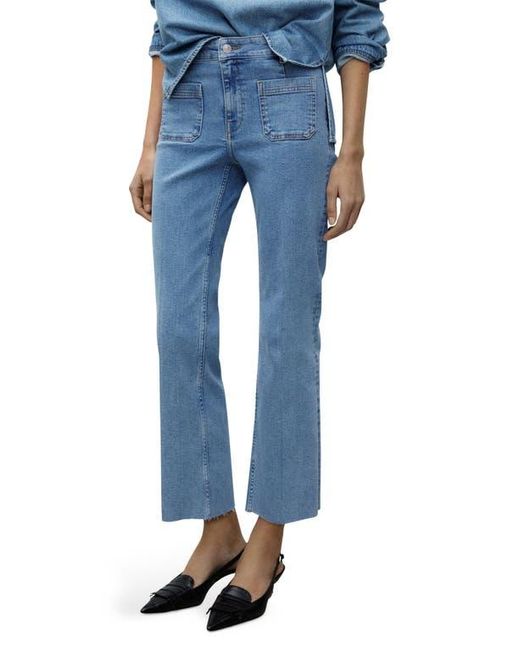 Mango Blue Alex Raw Hem Patch Pocket Crop Flare Jeans