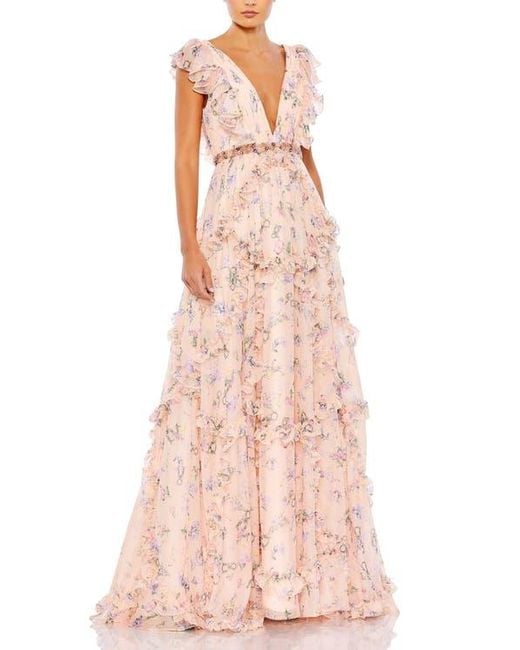 Mac Duggal Pink Floral Print Cap Sleeve Ruffle Gown