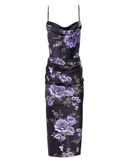 Carolina Herrera Black Floral Print Cowl Neck Midi Dress
