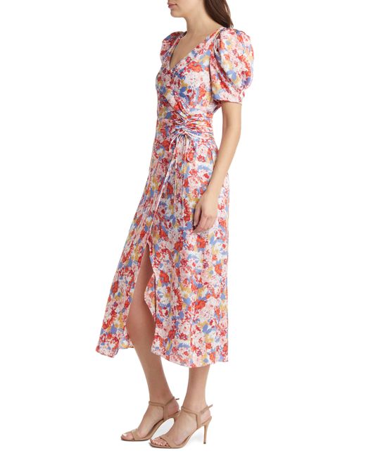 FLORET STUDIOS Floral Satin Faux Wrap Midi Dress in Red Lyst