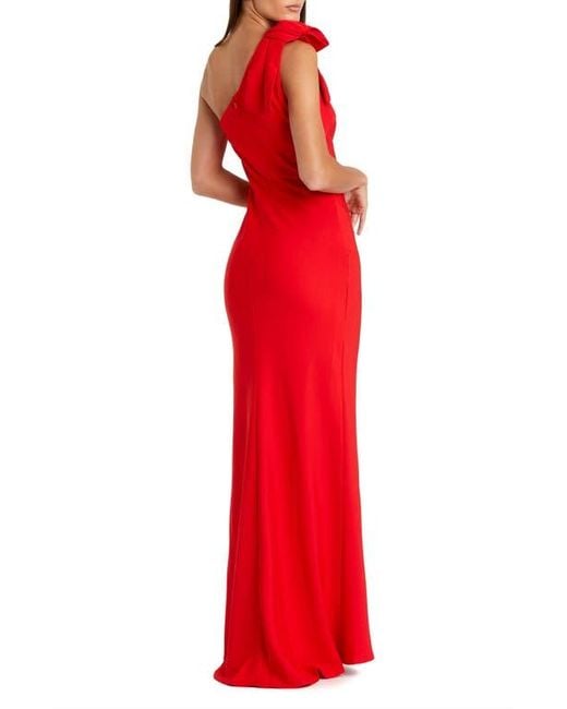 Mac Duggal Red One-Shoulder Stretch-Crepe Gown With Oversized Bow & Thigh-High Slit