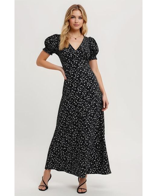 Modenaire Black Floral Print Maxi Dress With Puff Sleeves