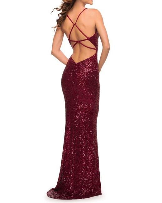 La Femme Red Soft Sequin Long Gown With Lace Up Back