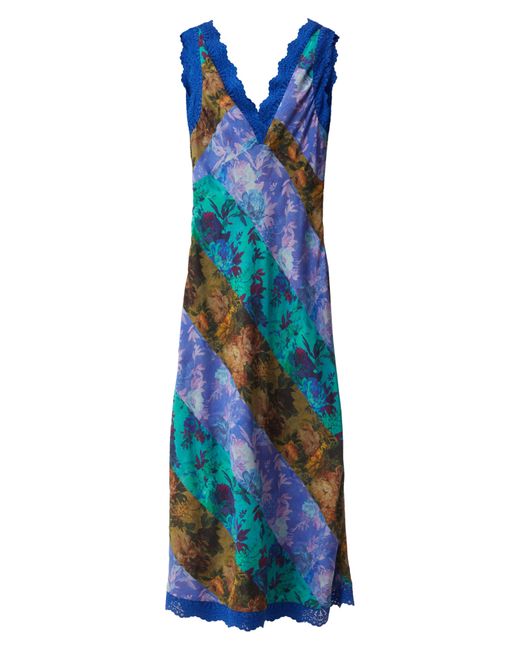 Nasty Gal Blue Mixed Floral Print Lace Trim Midi Dress