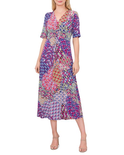 Chaus Purple Floral Twist Front Short Sleeve Midi Dress