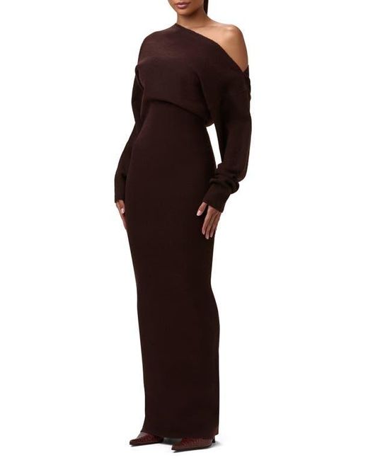 Naked Wardrobe Brown One-Shoulder Long Sleeve Maxi Sweater Dress