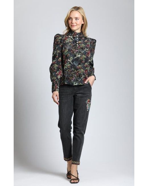 Apny Black Button Front Puff Shoulder Top