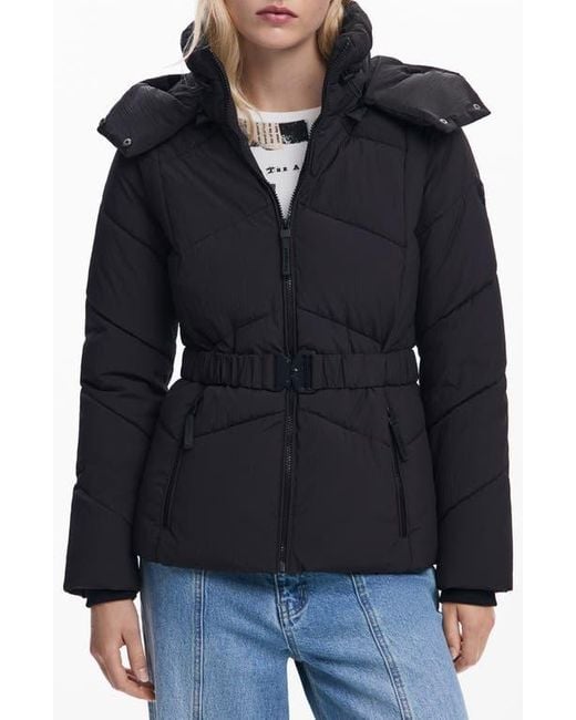 Desigual Black Quilted Puffer Coat With Removable Hood