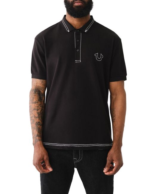 True Religion Black Relaxed Fit Big T Embroidered Polo for men