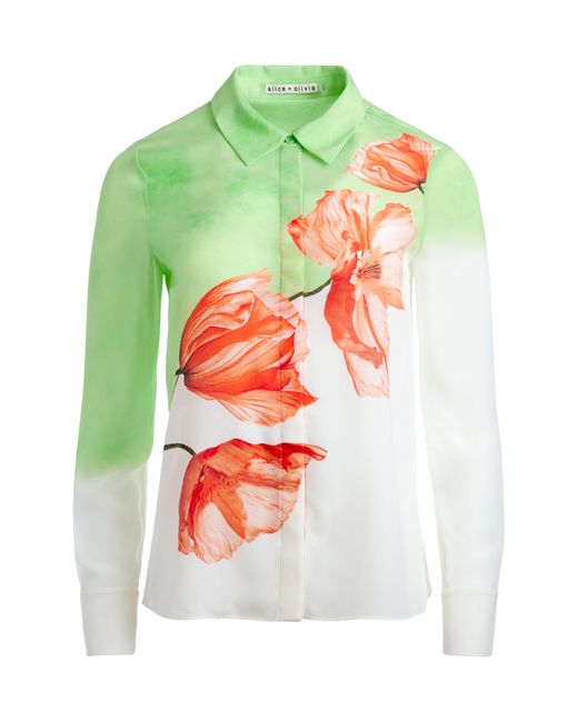 Alice + Olivia Green Alice + Olivia Brady Floral Slim Fit Silk Button-up Shirt