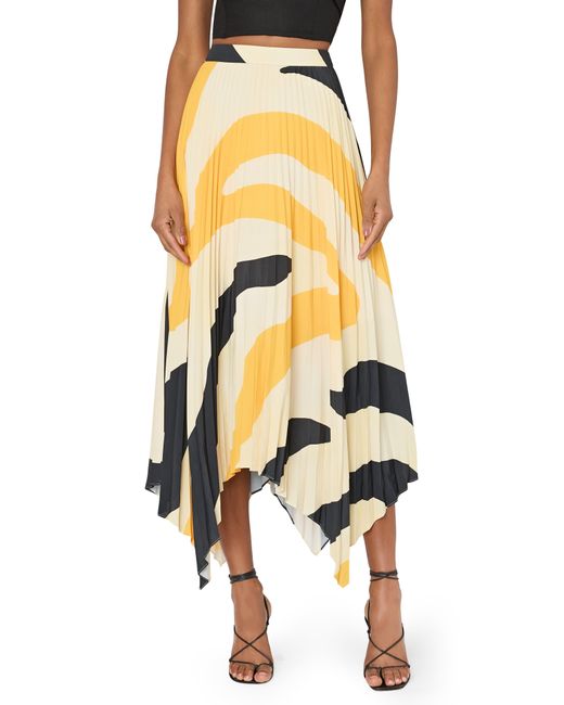 MILLY Yellow Abstract Zebra Stripe Pleated Handkerchief Hem Skirt