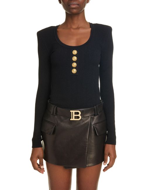 Balmain Black Ribbed Knit Bodysuit