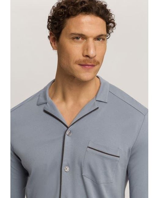 Hanro Blue Night And Day Button Front Cotton Pajama Set for men
