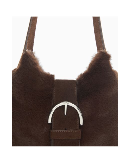 Mango Brown Buckle Faux Fur & Leather Shoulder Bag