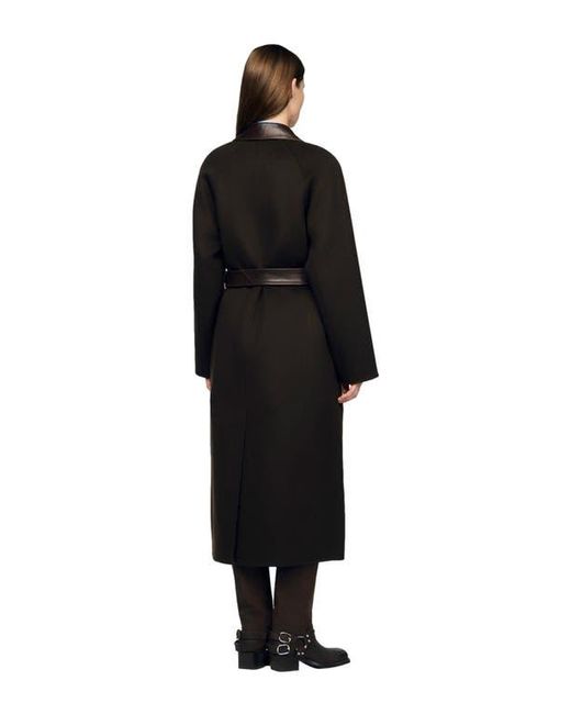 Sandro Black Long Wool And Leather Coat