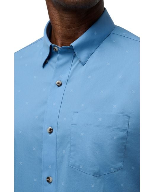 Travis Mathew Blue Across The Pond Geo Print Short Sleeve Stretch Button-up Shirt for men
