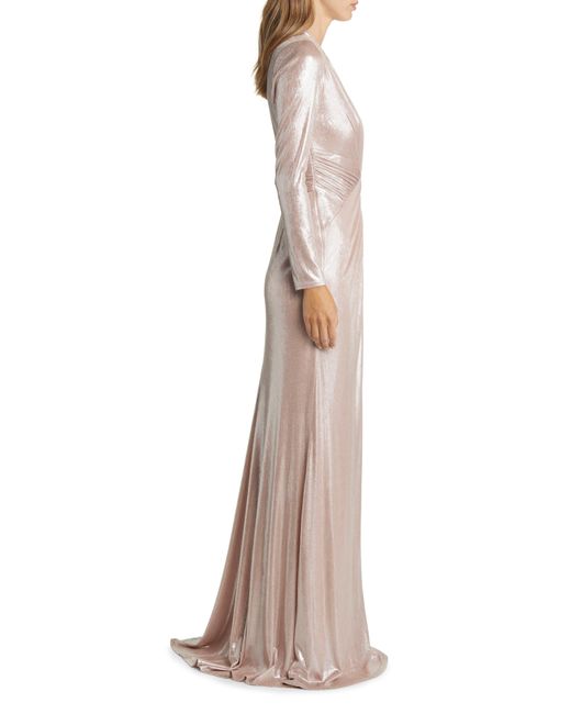 Tadashi Shoji Natural Draped Shimmer Long Sleeve Gown