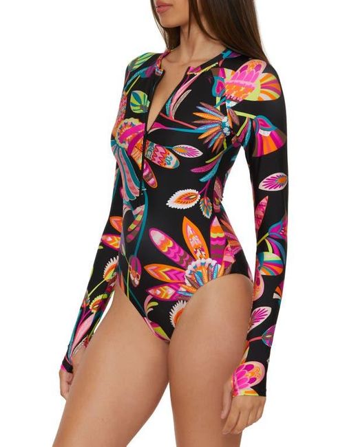 Trina Turk Women's Red Luminary Half Zip Long Sleeve One-Piece